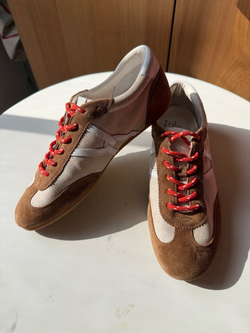 New Veronica Beard Rivera Brown Suede & Beige Sneakers with Orange Laces